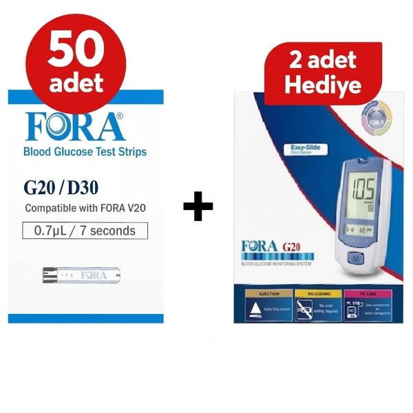 Fora G20 Kan Şekeri Test Stripi 50'li 50 Kutu + 2 Adet Cihaz Hediye